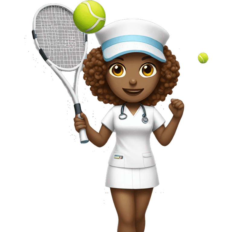 White female nurse playing tennis with brown short curly hair  emoji