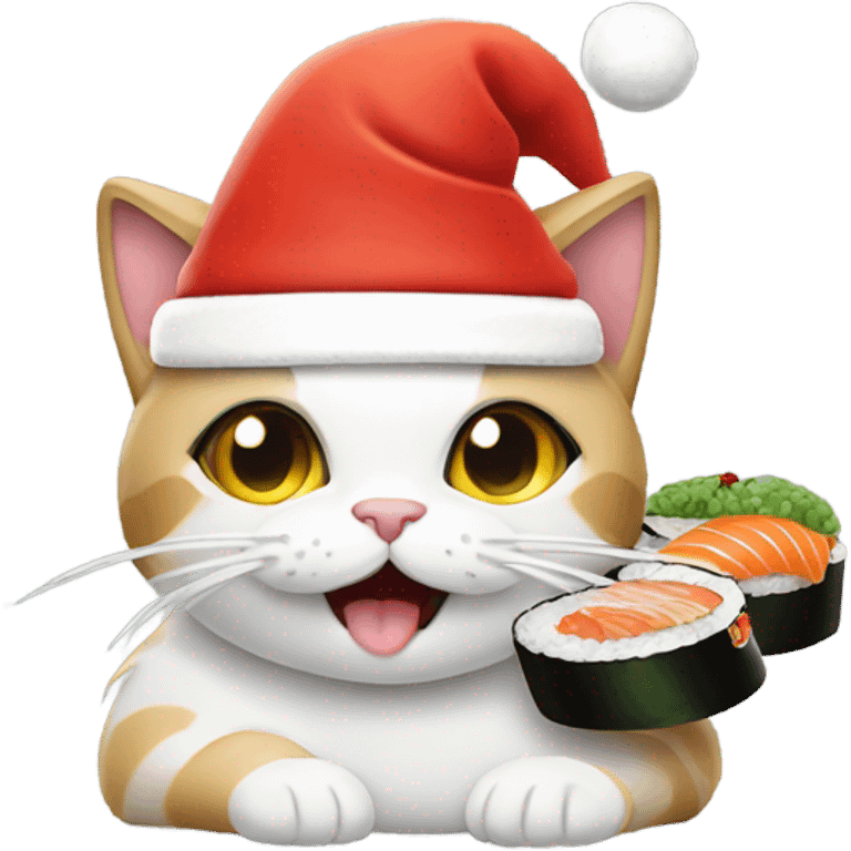 cat wearing a santa hat and eating sushi emoji