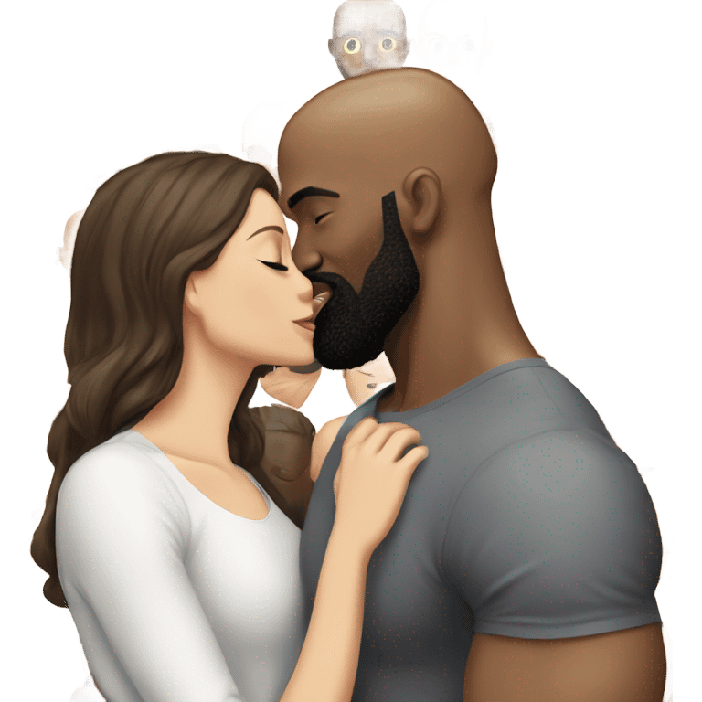 White girl brunette kissing muscular black bald man with beard emoji