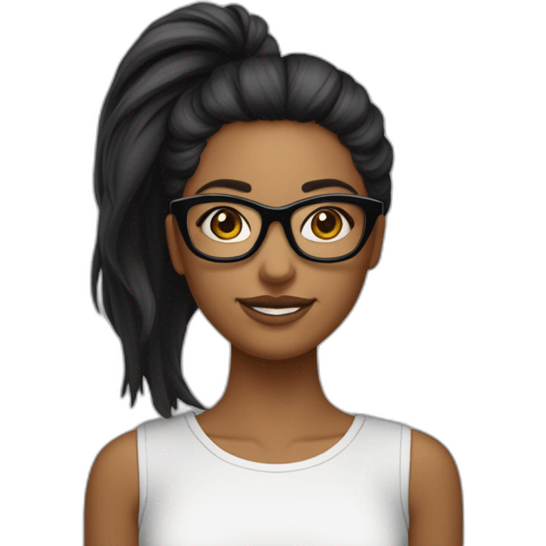 une fille avec de long cheveux noir lisse, et avec des lunette (en forme de carrer un peu déformé) assez grosse comparer a ça tête , portant un pull noir emoji