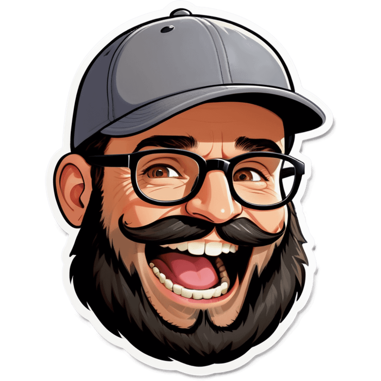 A man with a grey baseball cap, hazel eyes, big dark brown beard and glasses, laughing emoji