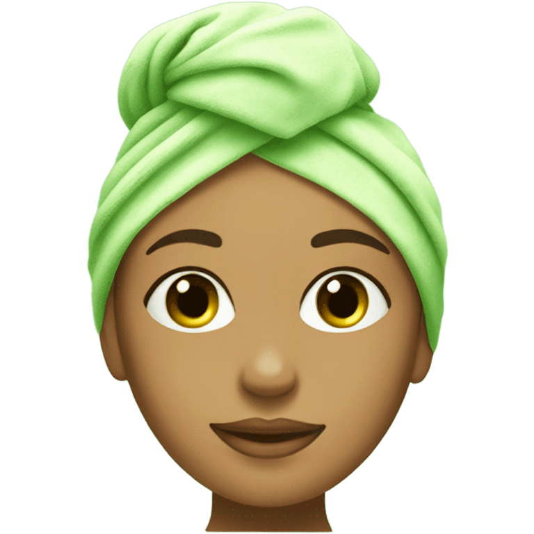 Tan Girl with towel on her head and green skincare face on emoji