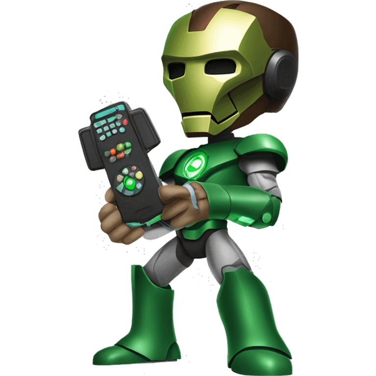 Marvel Ironman Wearing doctor doom mask green color looking in front and holding gaming remote in his hand emoji