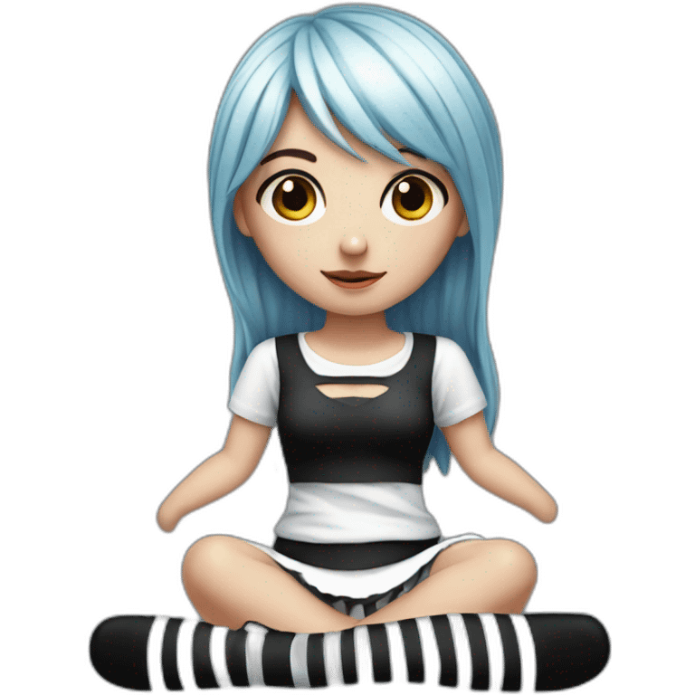 Hyperrealistic Frontal view curvy emo girl sits white skirt striped stockings hands up emoji