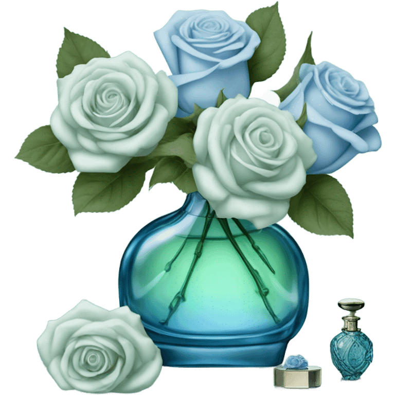 Aesthetic composition of soft blue roses with a vintage-style green  perfume bottle.
 emoji