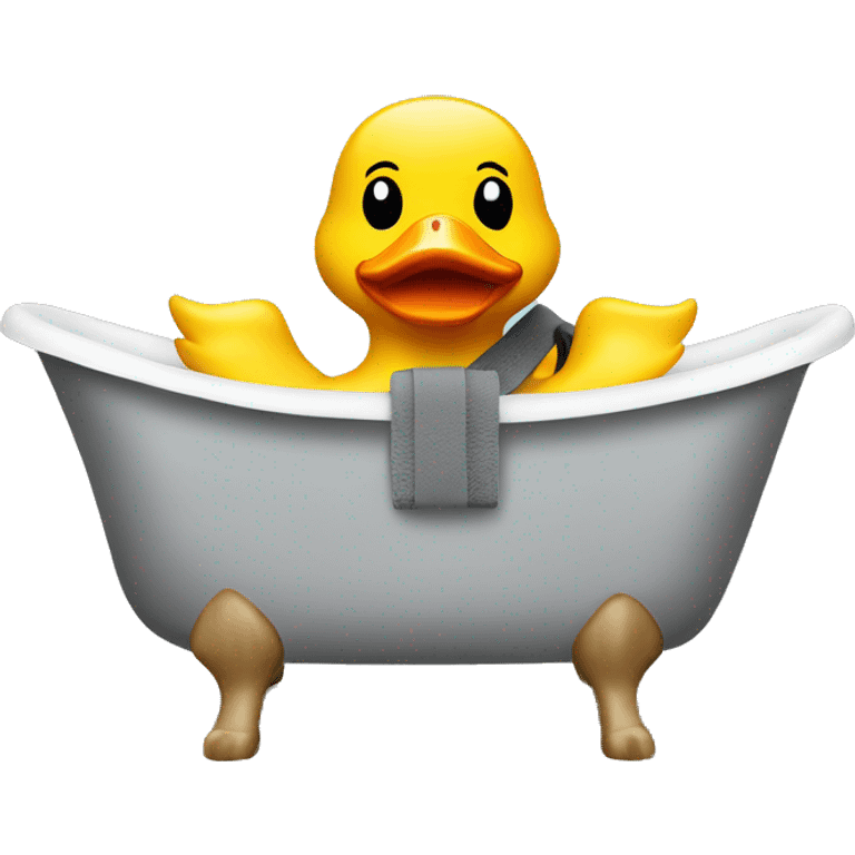 Rubber duck in a bath with a grey belt on a grey chair emoji