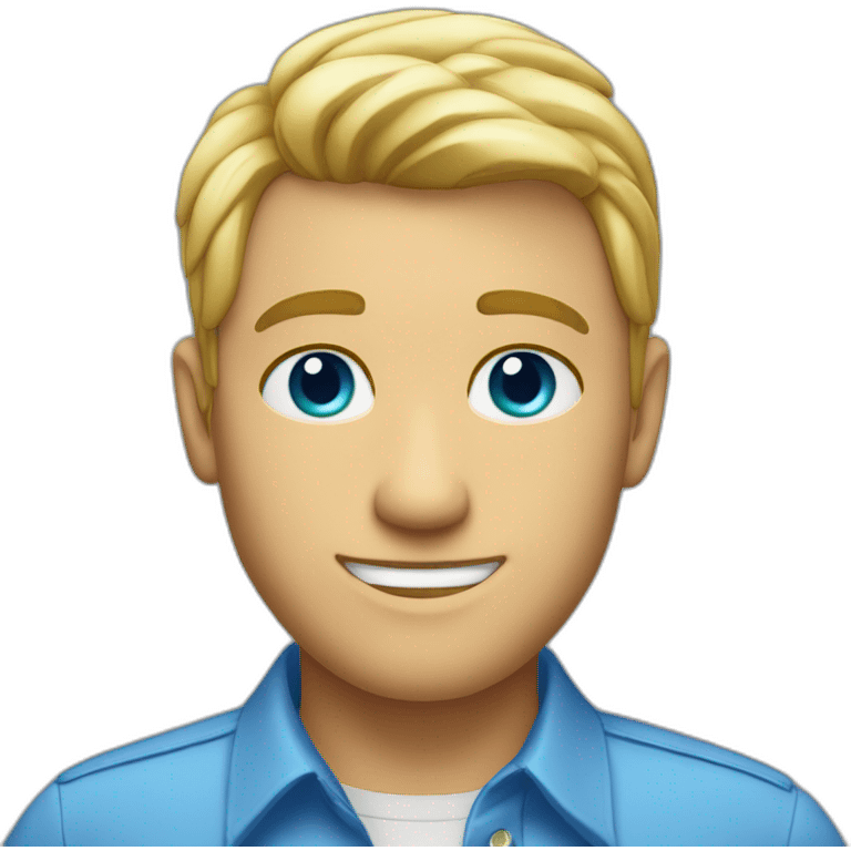 blonde blue eyes man in a blue button up shirt with a rainbow over head emoji