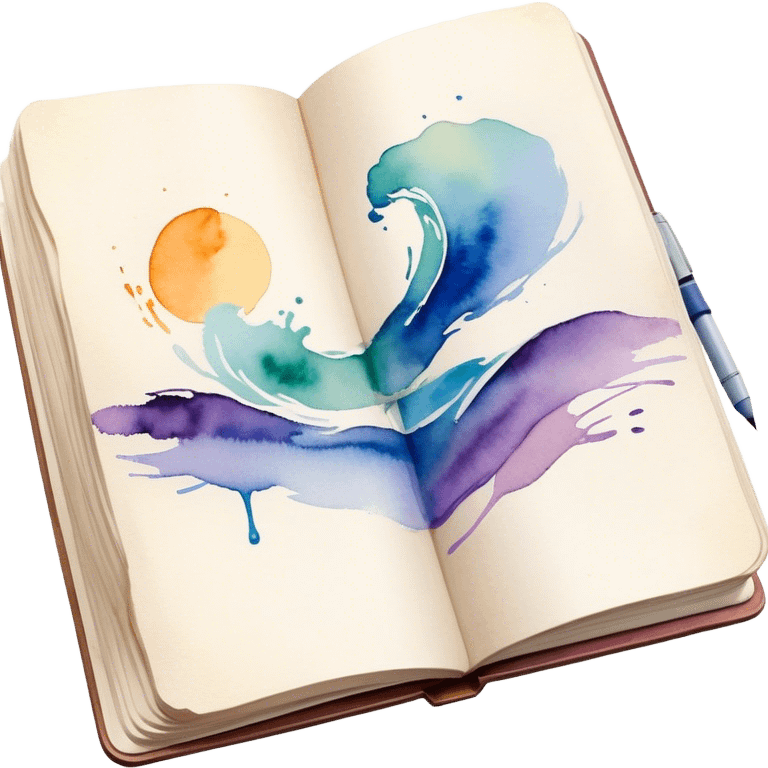 Cinematic Realistic image of an open sketchbook accompanied by a set of translucent watercolors, with delicate pigment stains and soft, flowing brushstrokes, captured under gentle, diffused lighting that highlights creative fluidity emoji