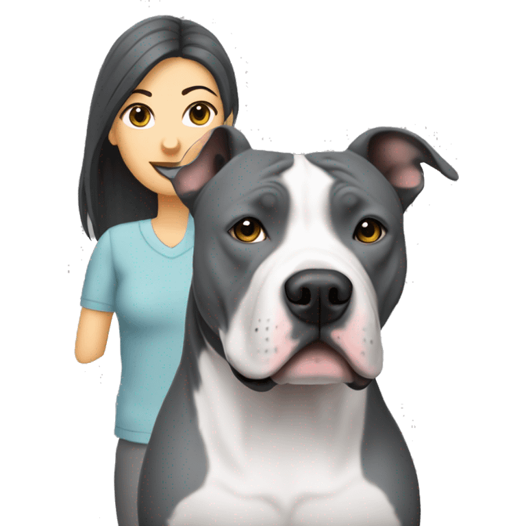 Grey American Staffordshire terrier with white paws with lady with long black hair  emoji