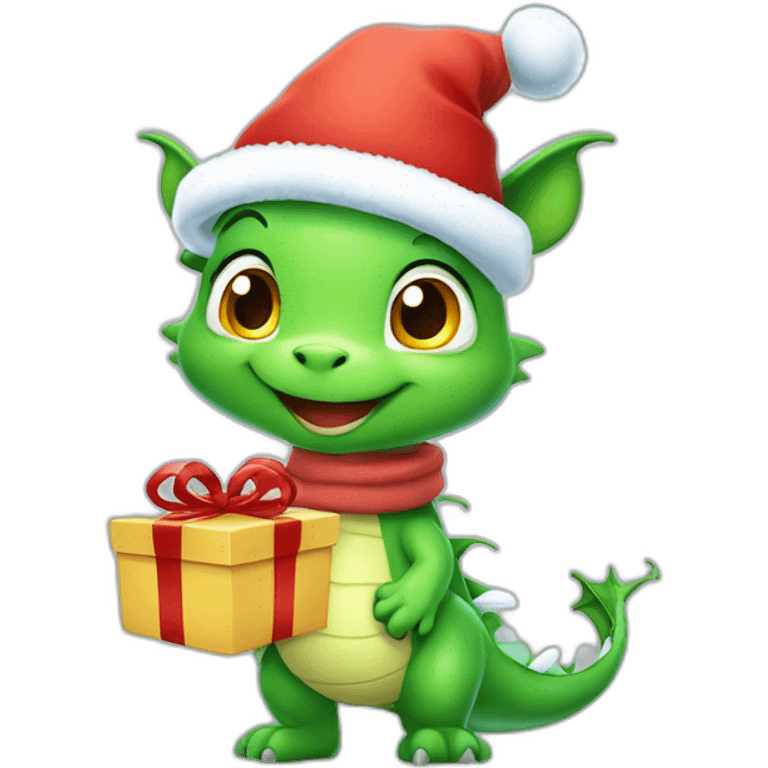 happy little green cartoon dragon of child, in winter, in work pants, in work clothes, in winter boots, in a Santa Claus hat, New Year, with presents emoji