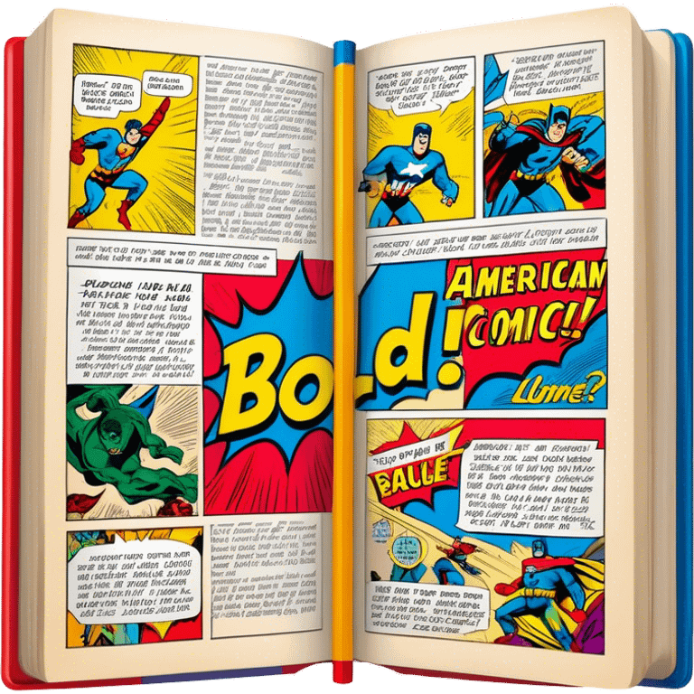 Create a detailed and vintage-inspired emoji representing comic books and graphic novels as a storytelling art form. The design should feature a large, open comic book with pages filled with classic American comic book panels. Include bold, dynamic lines and vibrant colors typical of vintage comics. A pencil (without a hand) should be writing text on the page, symbolizing the creation of the story. The overall design should evoke the classic feel of old-school comic books while incorporating the process of creating a graphic novel. Use rich, bold colors like red, yellow, and blue, and make the background transparent emoji