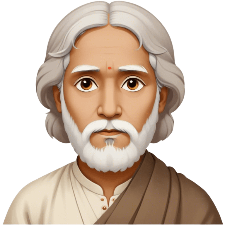 Rabindranath Tagore – Cinematic Realistic Portrait of Rabindranath Tagore, depicted with thoughtful, soulful eyes and gentle features, dressed in traditional Bengali attire with subtle artistic motifs, bathed in warm, soft lighting that evokes his poetic genius and timeless wisdom. emoji