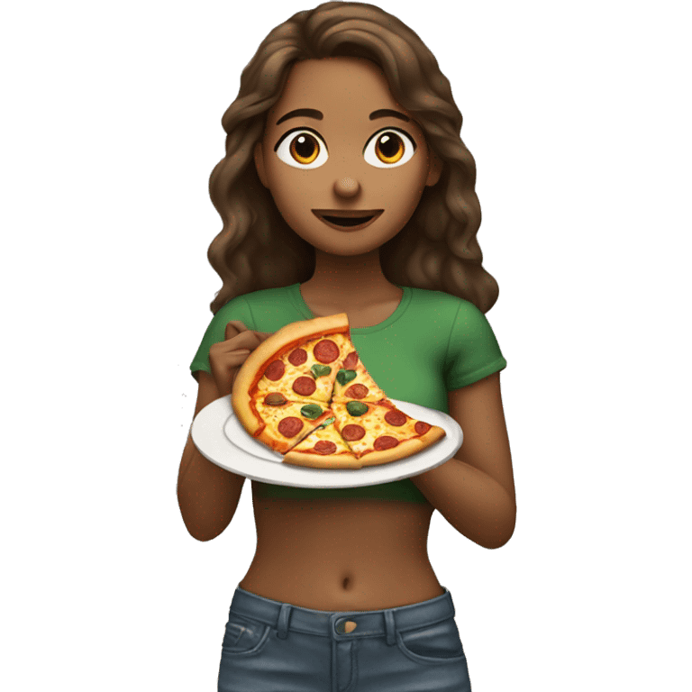 A real brown-haired girl eats pizza emoji