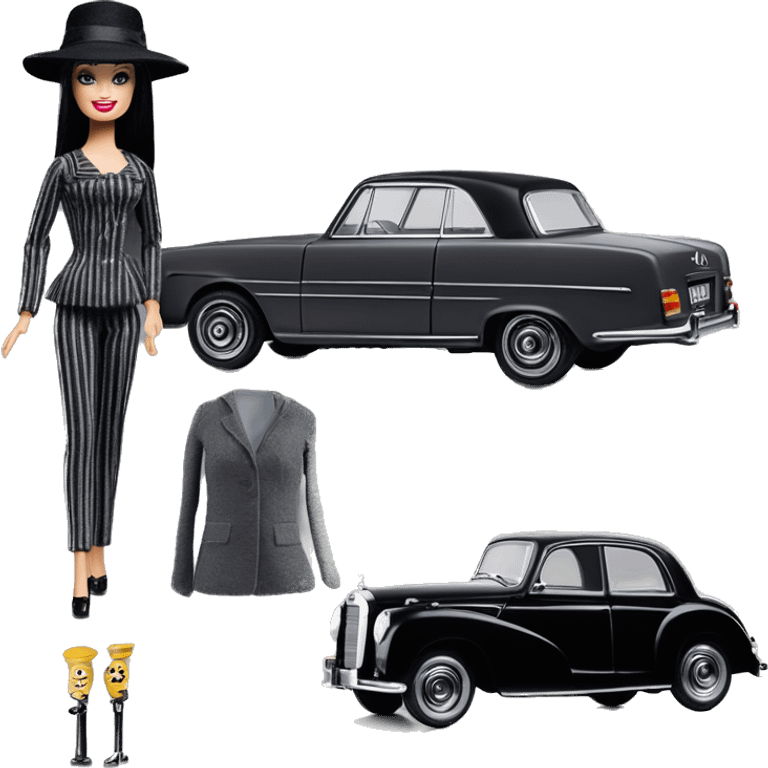 Bouclé Beauty Lingerie Barbie, 1965 Morticia Addams from academy, in dark-gray and black striped outfit with hat. Driving 1965 Mercedes 190 emoji