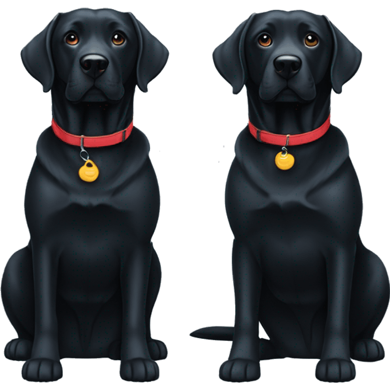 2 black labradors. one on left is smaller with a light blue collar. dog on right with red collar. emoji