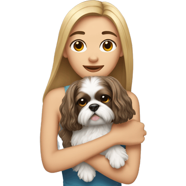 Young woman with a shih tzu in her arms long hair emoji