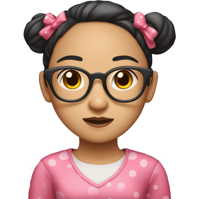 "An Asian girl with her hair styled in two side buns, wearing glasses, dressed in a pink dress, and with red spots on her face." emoji