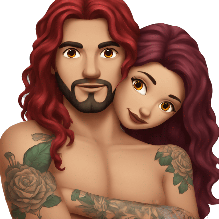 Beautiful tattooed burgundy long haired woman laying on the boyfriends chest emoji