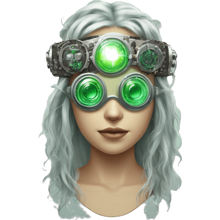 Light green long hair female cyborg head with silver steampunk goggles as a headband, circuits emoji