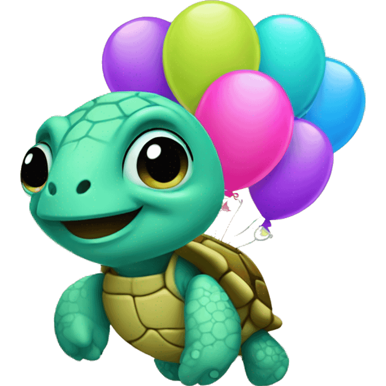 Neon baby turtle with neon balloons emoji