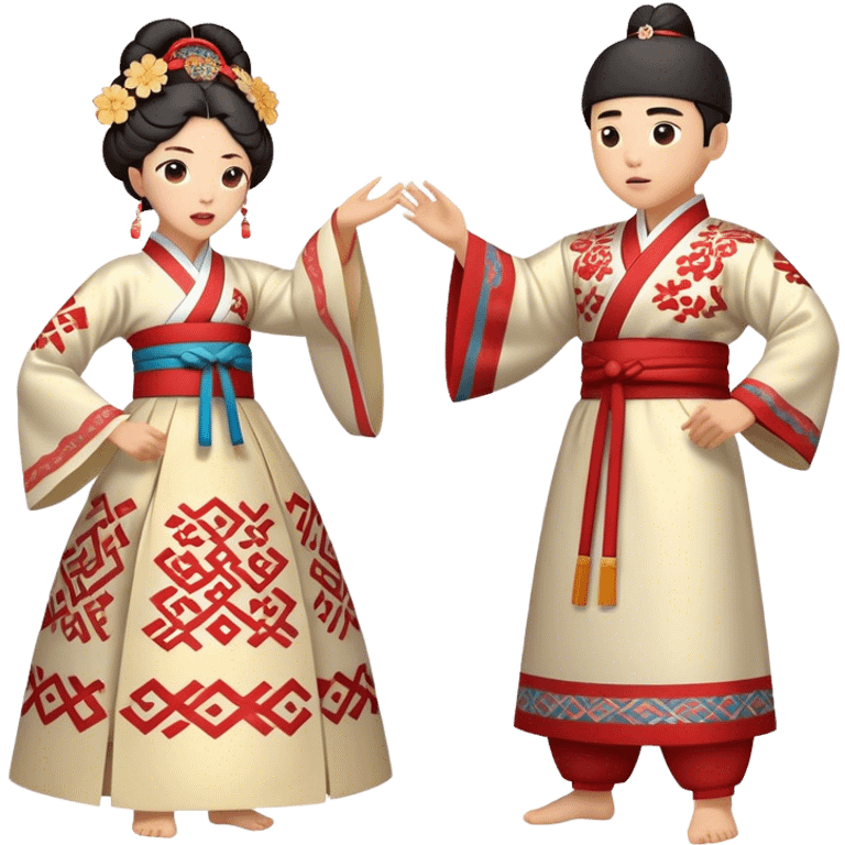 Cinematic Realistic scene of two performers engaging in Ganggangsullae, dressed in traditional Korean costumes with intricate patterns and graceful movements, illuminated by soft, festive lighting that accentuates the cultural ambiance emoji