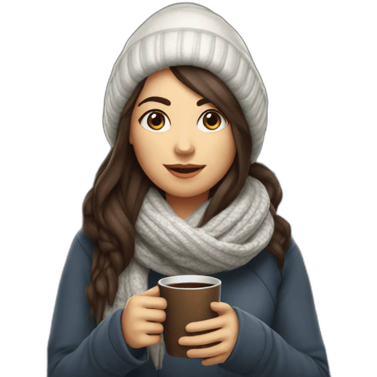 white female data science engineer with dark brown straight long hair in a tech startup wearing woolly scarf and wearing a coffee mug, not full body shot emoji