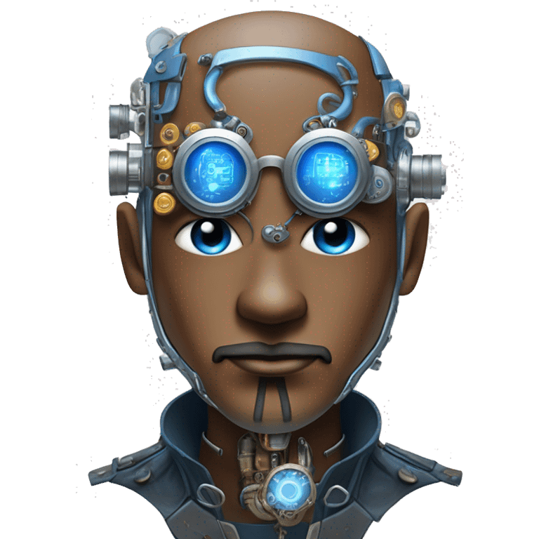 Brown shaved male cyborg head with blue beard, silver steampunk monocle goggles and circuits emoji