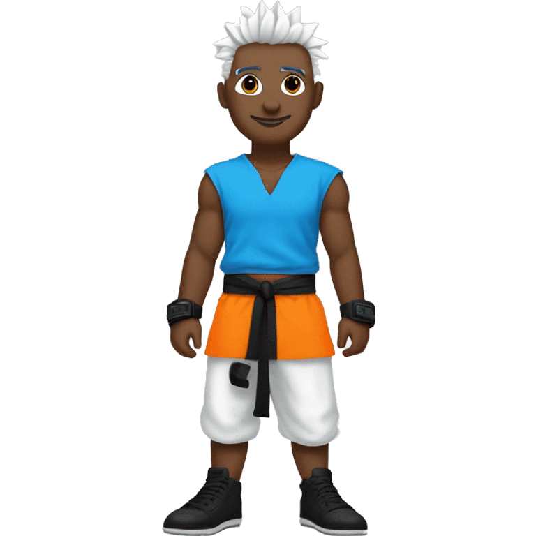 Silver spiked hair
White skin
Black eyes
Orange gi over blue short-sleeved T-shirt
Black shoes
Black wrist bands on both wrists
Black belt emoji