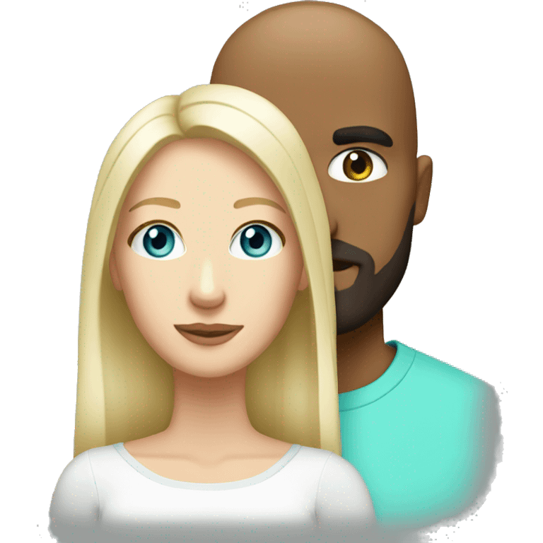 White couple. Male bald with beard. Aqua eyes. Woman long blonde brown highlight hair. 35. Aqua eyes.  emoji