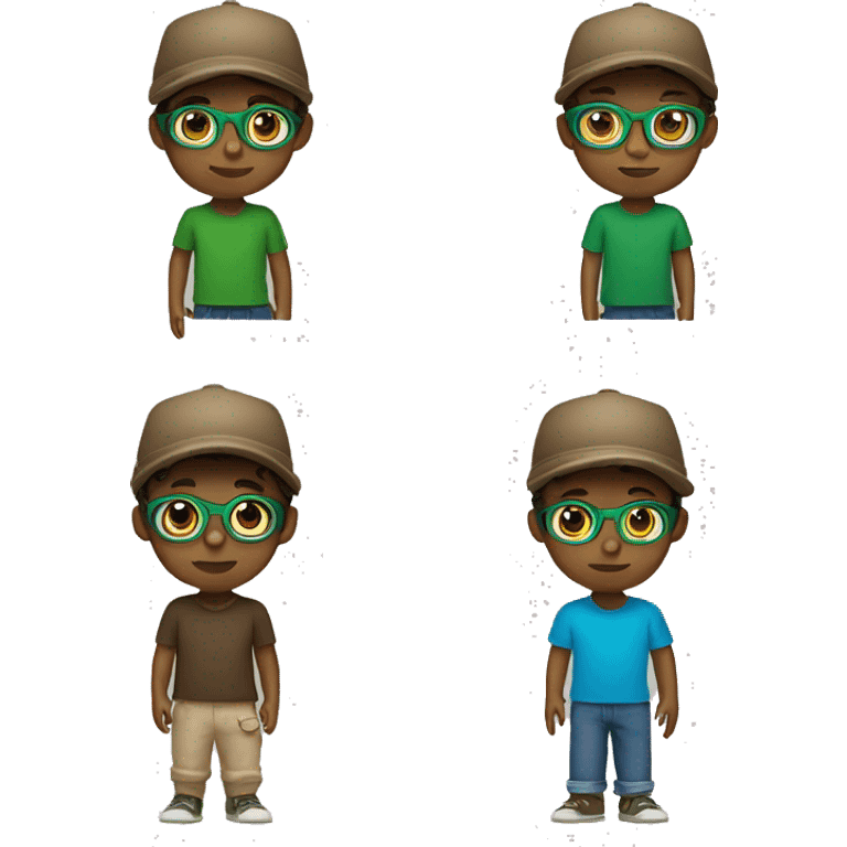 Child with brown hats and blue glasses and a green t-shirt white complexion and brown eyes  emoji