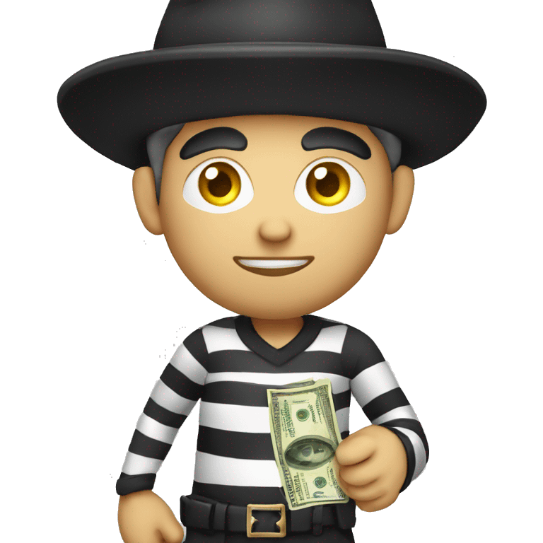 robber wearing criminal striped shirt, a black hat, holding a money sack with a dollar sign on it. emoji