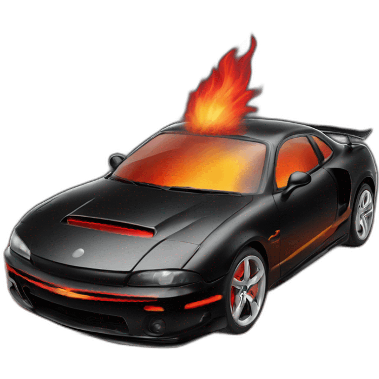 black sports car with red detailing with fire coming from twin exaust emoji