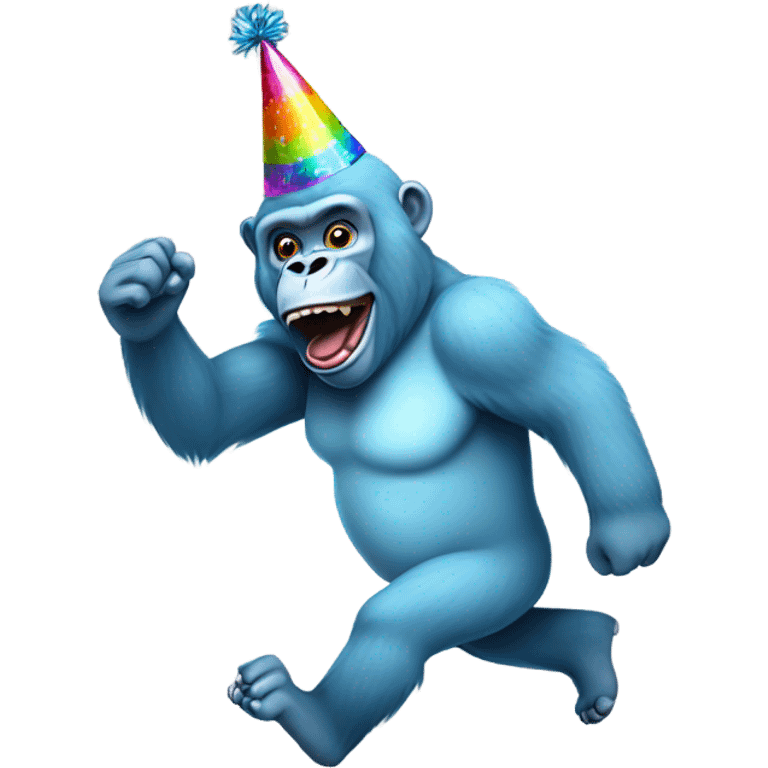 Animated light blue gorilla running wearing a colorful party hat in a forest emoji