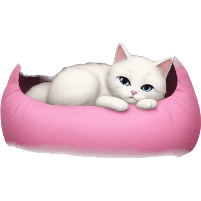 white ragdoll cat sleeping in a pink cat bed emoji