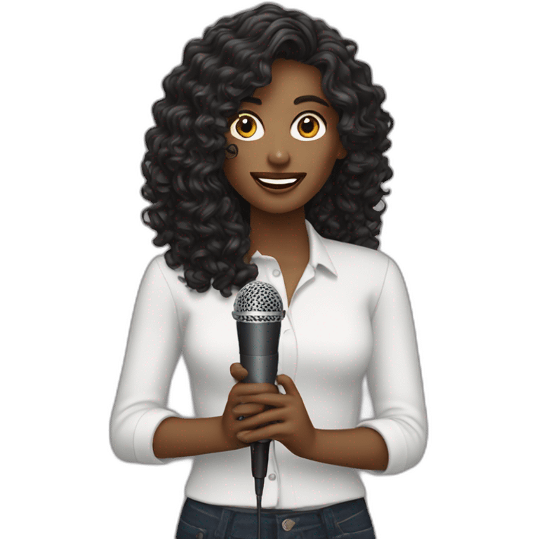 curly dark long hair white woman with podcast microphone emoji