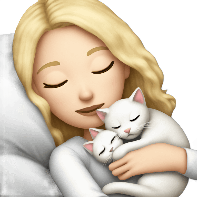 White girl blonde hair sleeping in bed with a kitty in arms. kitty has black and white markings emoji