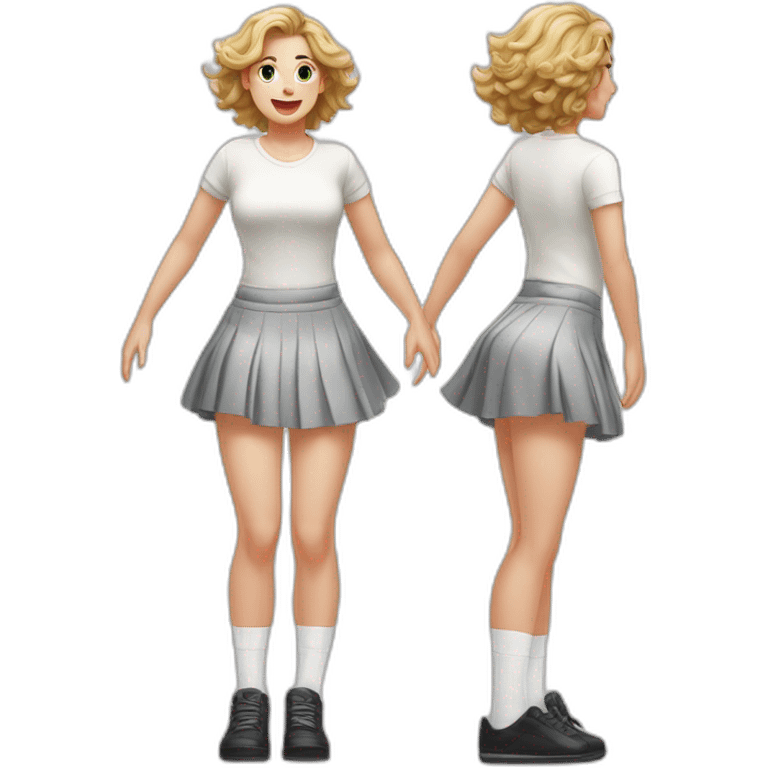 realistic full body caucasian curvy beauty jumping short black skirt back and front views strong wind white knickers long white socks emoji