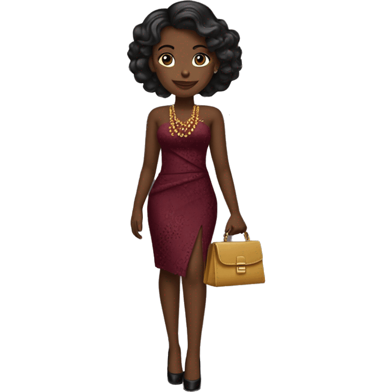 A girl wearing a wine and gold asoebi dress with black heels and bag  emoji