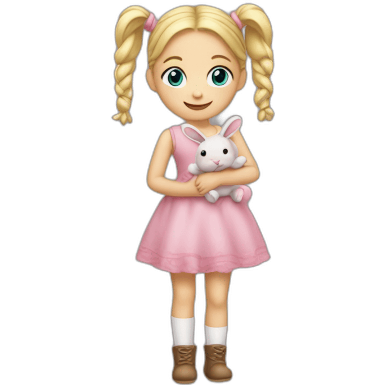 little girl with blond hair with two pigtails, blue eyes. a green rabbit soft toy in her hand, she smiles and has a pink dress and brown tights emoji