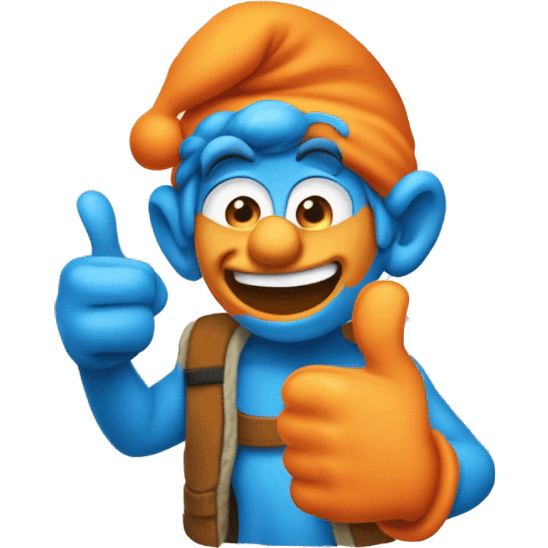 Create a Smurf with orange skin. the right hand with a large thumb giving a thumbs-up emoji