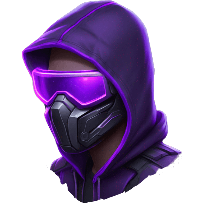 Side view developer behind his laptop with this style : crysis Cyberpunk Valorant neon glowing bright purple character purple violet black hooded assassin themed character emoji