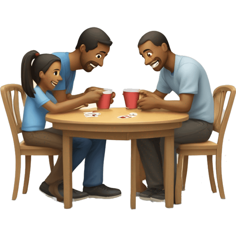 An emoji of a family—mother, father, and child—sitting at a table, playing a cup game with paper cups arranged on the table as they have fun together emoji