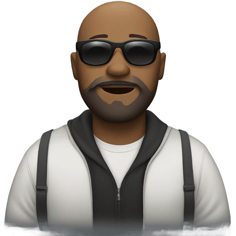 A bald, Black man with a beard, dark sunglasses, and goatee gives a kiss. emoji