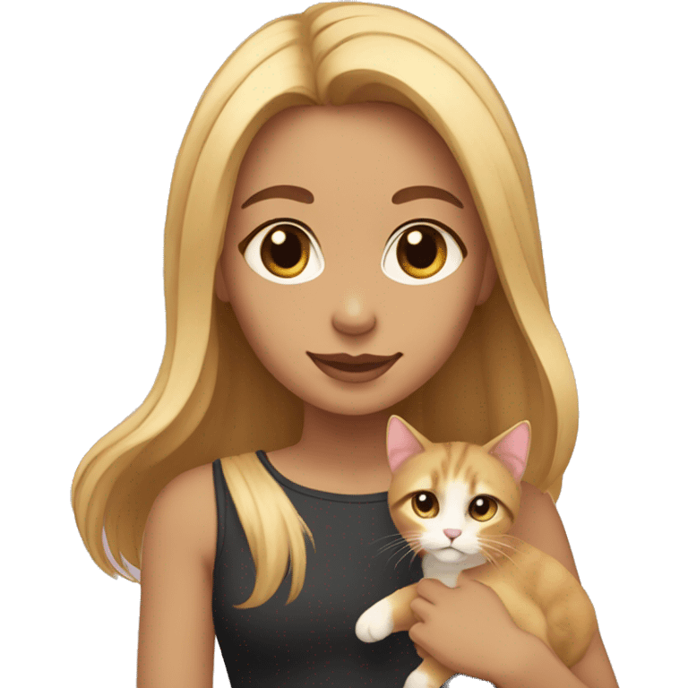 Girl with blonde shoulder-length hair and dark eyes and light brown skin holding kitten cat emoji