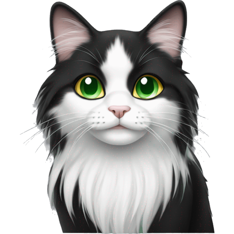 Long hair, black, and white cat with green eyes emoji