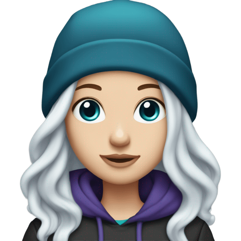 White girl, blue eyes, long teal hair, purple beanie hat, black hoodie, blue jeans, black shoes emoji