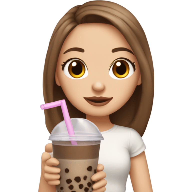 White girl with brown hair and brown eyes drinking bubble tea emoji