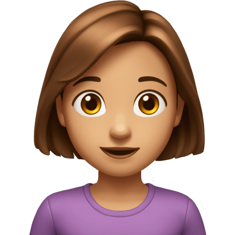 Estilo pixar niña de 8 años pelo castaño liso puntas rozadas, ojos marrones emoji