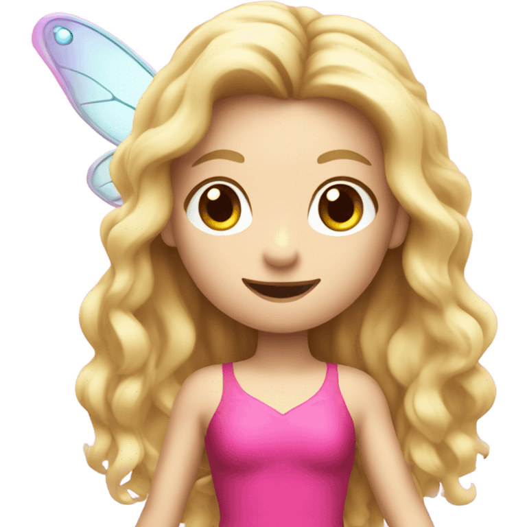 A small fairy flying with long blond hair pale skin a hot pink dress and a wand   emoji