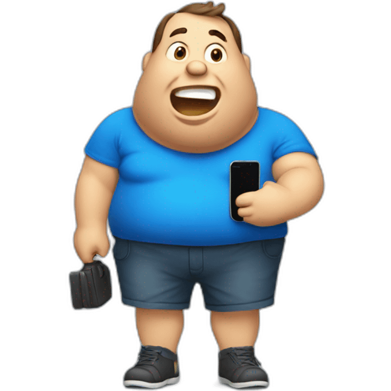 fat man in a blue shirt calling with mobile phone emoji